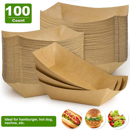 Ocmoiy 5lb Extra Large Paper Food Trays, 100 Pack Heavy Duty Kraft Food Boats Holders Disposable Serving Basket Trays for Nachos, Burgers, Tacos, Fries, Hot Dog, Sandwiches