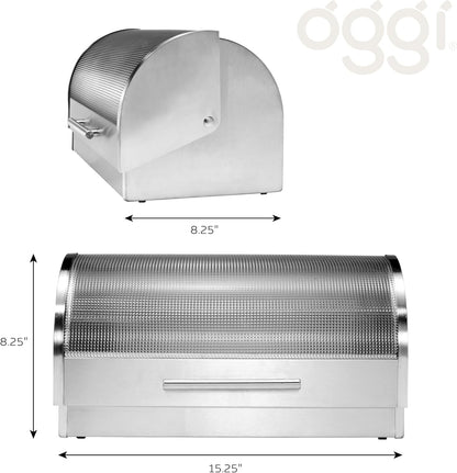 Oggi Stainless Steel Roll Top Bread Box for Kitchen Countertop with Tempered Glass Lid - Fits Multiple Large Loaves of Bread and Other Freshly Baked Goods Including Cookies, Bagels, Muffins
