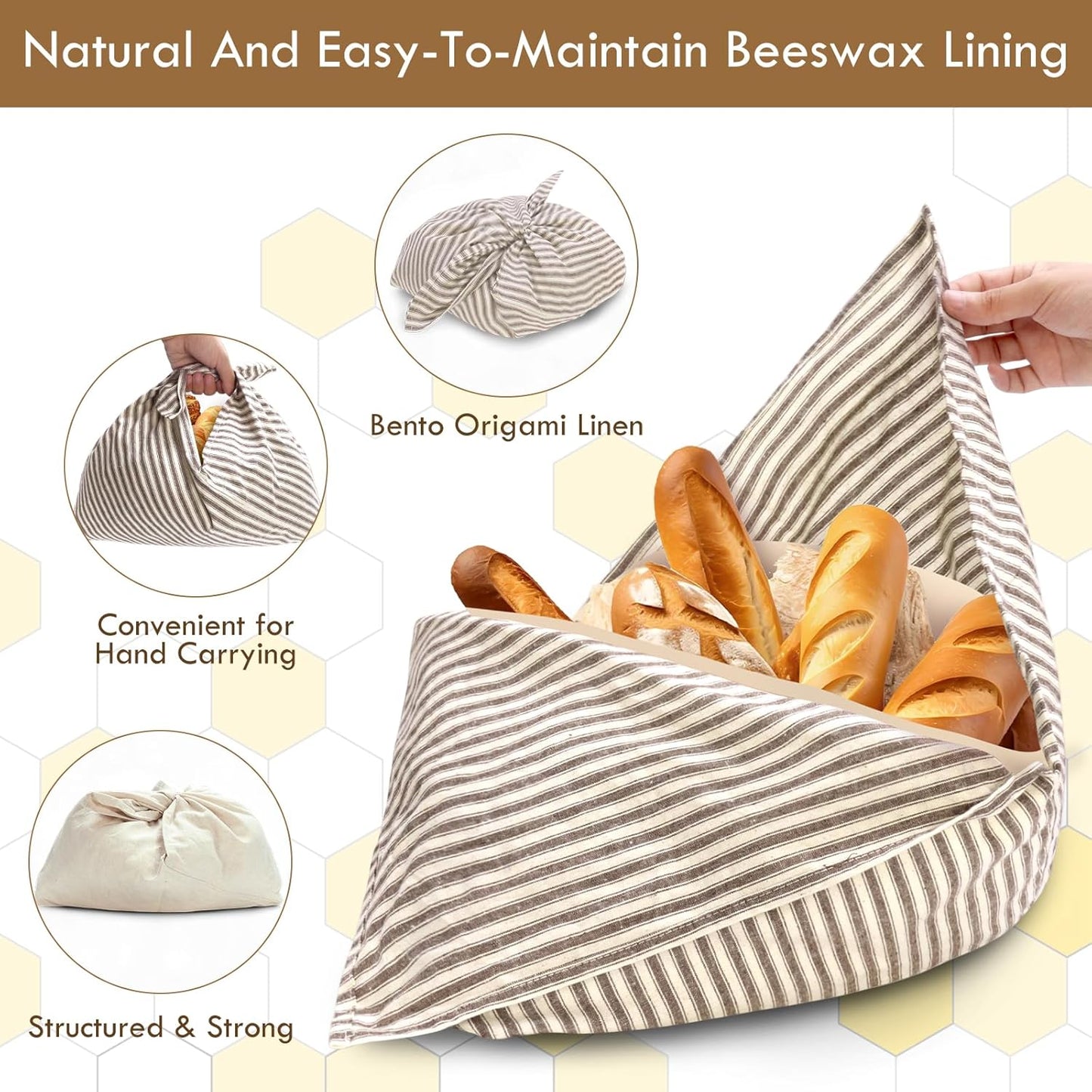 4 Pack Beeswax Bread Bags, Striped Linen Bento Bags, 14" Cotton Loaf Bag, Reusable Organic Food Storage, Sourdough Bag, Rustic Farmhouse Azuma Bukuro Origami Wrap for Baked Gifts (Natural Color, 4)