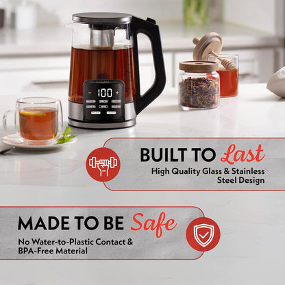 Gourmia Electric Programmable Glass Kettle – 1.7L Temperature Control Tea & Coffee Kettle with Digital Touch Display, 6 Presets, Keep Warm, Removable Stainless Steel Infuser, 360° Swivel Base – Red