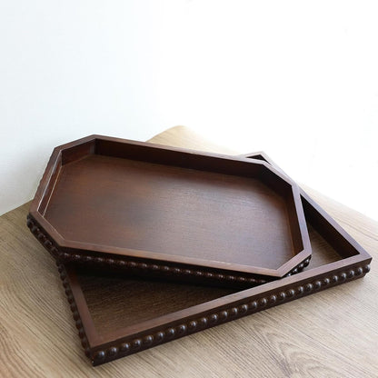 Wood Decorative Tray, Distressed Outdoor Serving Tray with Wooden Bead for Ottoman, Coffee Table, Entertaining, Home Decor, Rectangular 15.7”*11.8”*1.57” (Dark Brown)