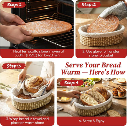 Bread Warmer Basket with Stone (Large Oval 13.8 x 9.5) - Bread Baskets for Serving with Liner, Lid & Heat-Resistant Glove, Terracotta Serving Basket for Rolls & Tortillas, Housewarming & Kitchen Gifts