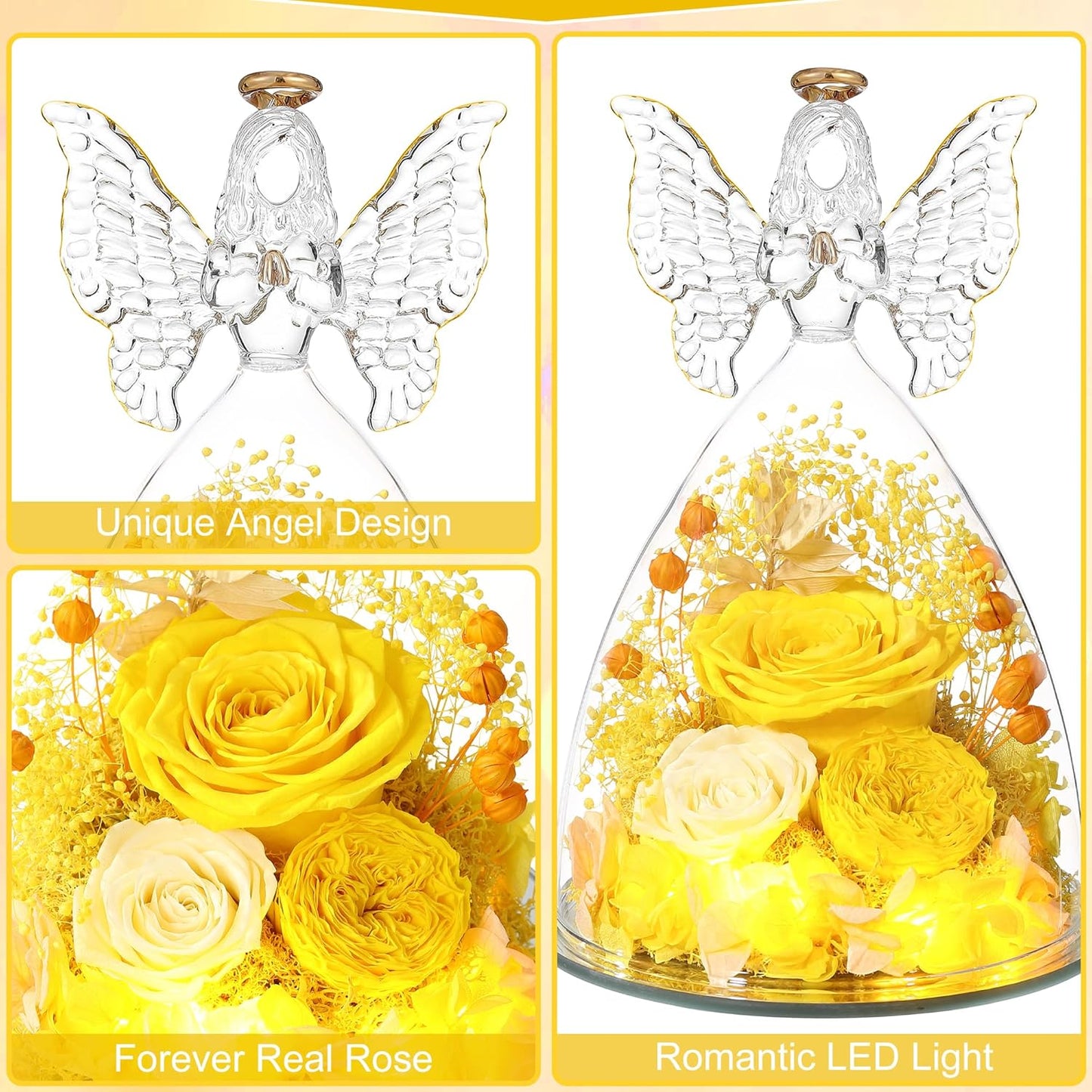 Christmas Rose Gifts for Women Preserved Real Flower in Glass Angel Figurines Roses for Delivery Prime Birthday Gifts for Mom Grandma Girlfriend Wife Her,Yellow Austin Roses