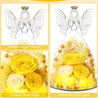 Christmas Rose Gifts for Women Preserved Real Flower in Glass Angel Figurines Roses for Delivery Prime Birthday Gifts for Mom Grandma Girlfriend Wife Her,Yellow Austin Roses