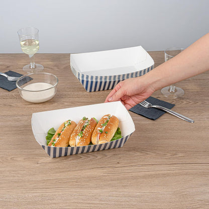 Restaurantware Bio Tek 2 Pound Food Boats 200 Disposable Paper Food Trays - Heavy-Duty Greaseproof Blue And White Paper Boats For Snacks Appetizers Or Treats Use At Parties Or Carnivals