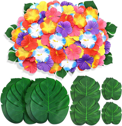 120Pcs Luau Party Decorations Fake Plants Palm Leaves Monstera Hibiscus Flowers Simulation Artificial Leaf for Hawaiian Luau Safari Parties Jungle Beach Wedding Birthday Theme Party Table Decorations