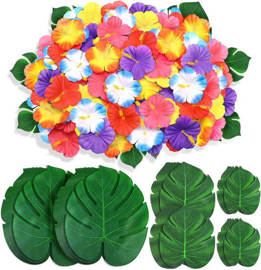 120Pcs Luau Party Decorations Fake Plants Palm Leaves Monstera Hibiscus Flowers Simulation Artificial Leaf for Hawaiian Luau Safari Parties Jungle Beach Wedding Birthday Theme Party Table Decorations
