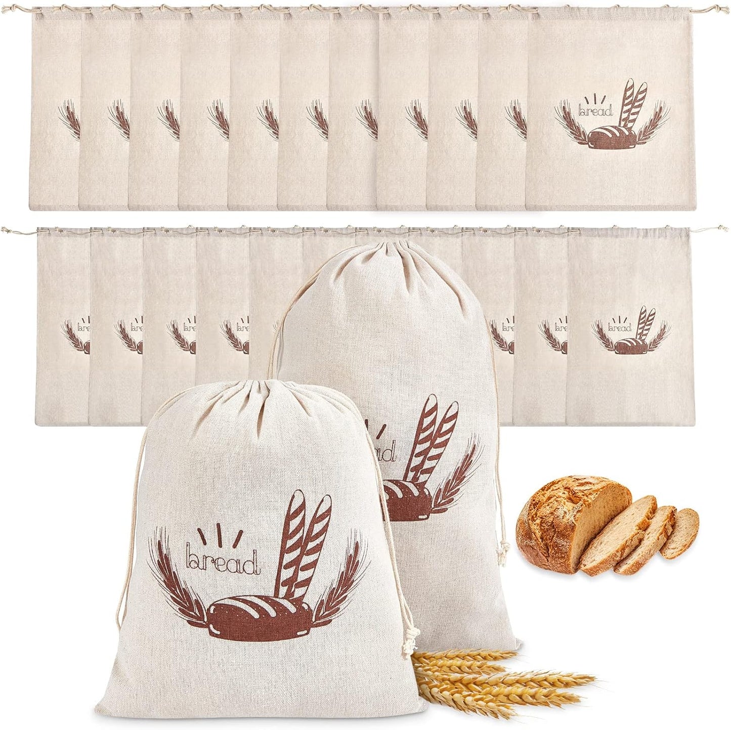 Dunzy 20 Pcs Linen Bread Bag for Homemade Bread 2 Sizes 10" x 12" and 11" x 17" Reusable Unbleached Container Drawstring Natural Bags Storage for Food Baking Kitchen Sandwich Bakery Picnic Wedding