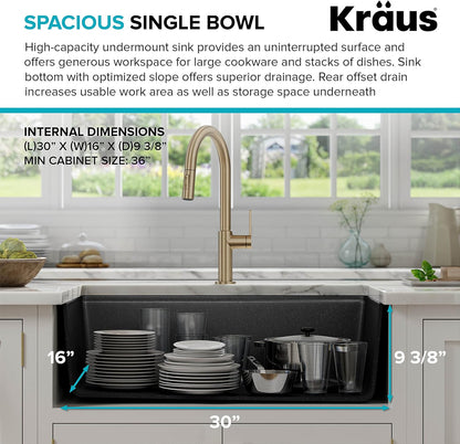 KRAUS Bellucci Workstation 32 in. Undermount Granite Composite Single Bowl Kitchen Sink in Metallic Black with Accessories with WasteGuard™ Continuous Feed Garbage Disposal, KGUW2-33MB-100-75MB
