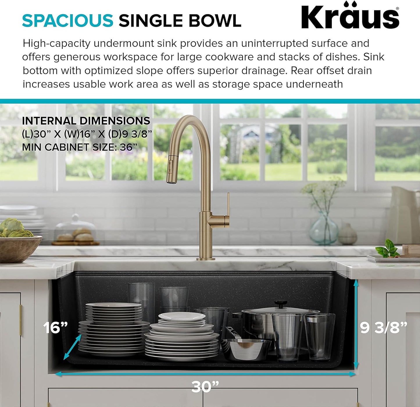 Kraus KGUW2-33MB-100-100, Bellucci Workstation 32 in. Undermount Granite Composite Single Bowl Kitchen Sink in Metallic Black with WasteGuard 1 HP Continuous Feed Garbage Disposal and Accessories
