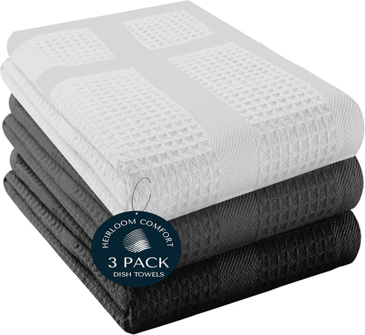 3 Pack Multi Color Waffle Weave Kitchen Towels, 16x26 Inch, 100% Cotton, Super Absorbent, Quick Dry, Hand Towels for Drying Dishes, Cleaning, Durable - White, Grey, Black