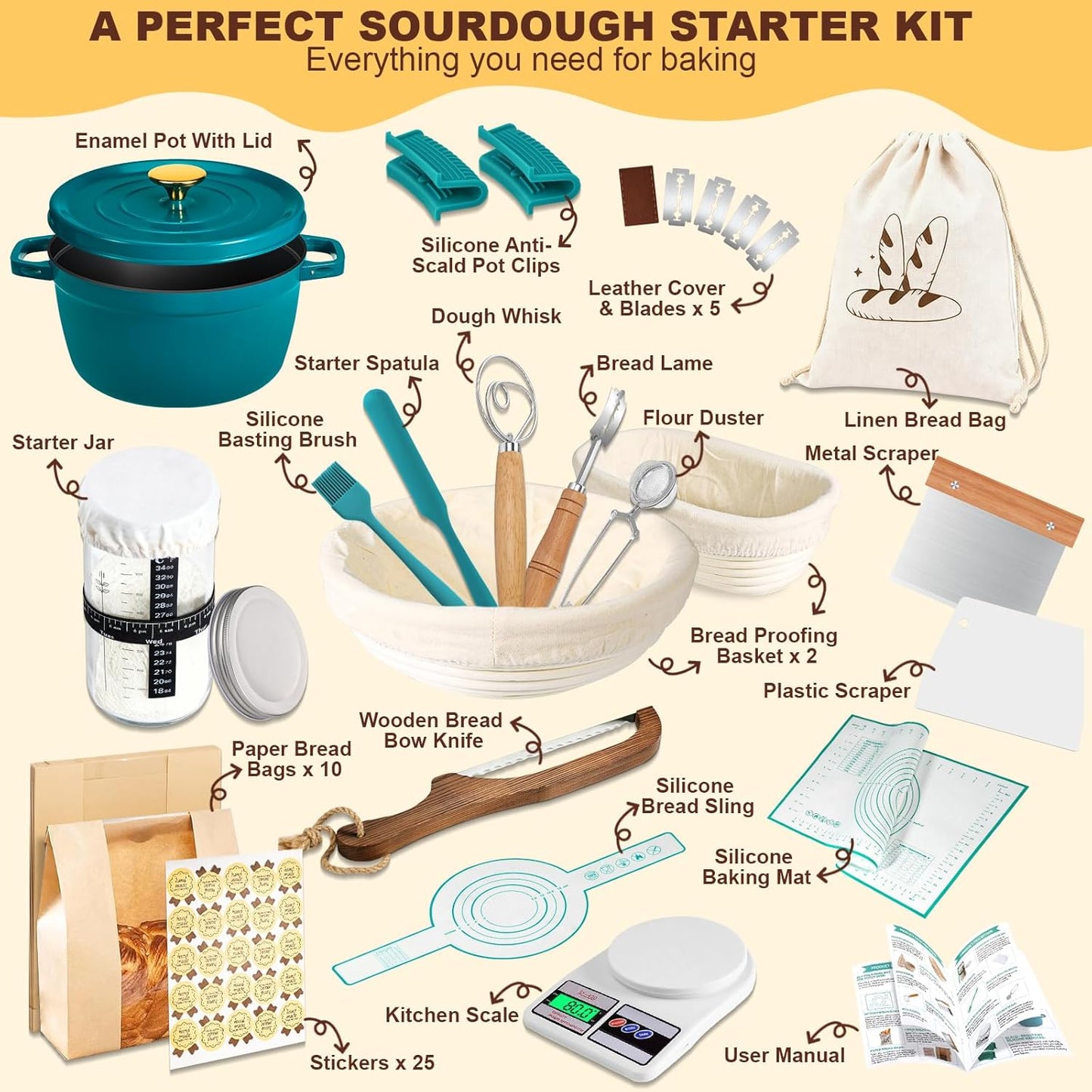 Upgraded All-Inclusive 𝗣𝗥𝗘𝗠𝗜𝗨𝗠 Sourdough Starter Kit with Pot, Sourdough Bread Baking Supplies, 34 Oz Starter Jar, 2 Banneton Bread Proofing Baskets, Scraper, Scale, Lame, Sour Dough Tools