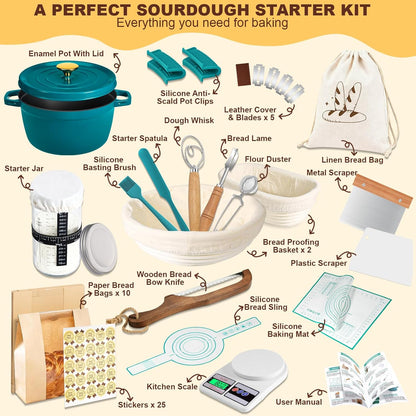 Upgraded All-Inclusive 𝗣𝗥𝗘𝗠𝗜𝗨𝗠 Sourdough Starter Kit with Pot, Sourdough Bread Baking Supplies, 34 Oz Starter Jar, 2 Banneton Bread Proofing Baskets, Scraper, Scale, Lame, Sour Dough Tools
