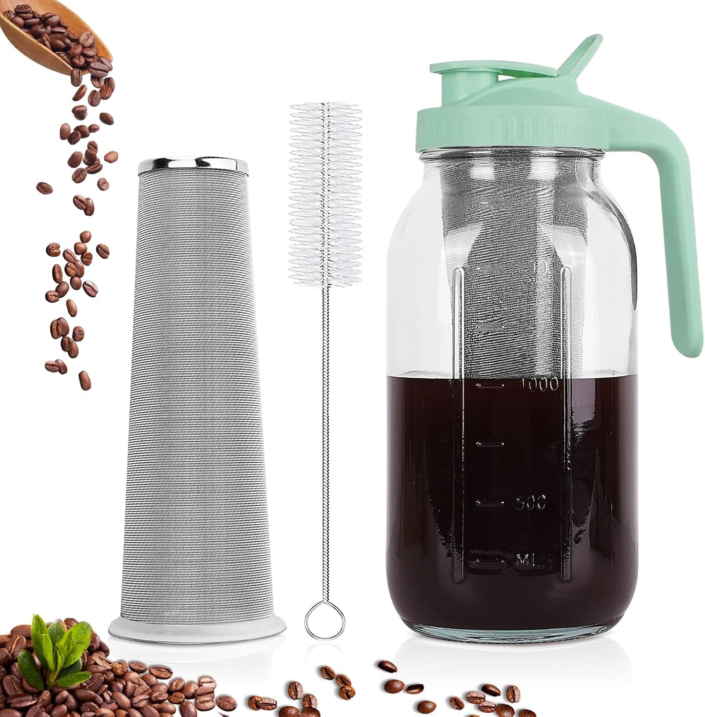 Cold Brew Coffee Maker，64 oz Wide Mouth Mason Jar Pitcher with Stainless Steel Filter, Pour Spout Handle Lid, Heavy Duty Glass Airtight & Leak-Proof for Iced Coffee Tea & Lemonade-Green