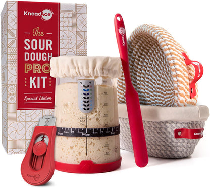 KneadAce Sourdough Starter Kit – 34oz Starter Jar, 2 Cotton Rope Banneton Proofing Baskets, Magnetic Bread Lame for Scoring – Gift for Bakers & Complete Sourdough Bread Baking Set