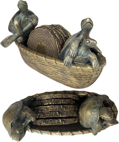 Turtle Coasters Set of 5 Rustic Coasters in Handmade Canoe Turtle Log Cabin Decor for The Home Drink Round Table Coffee Mug Wine Beer Bar Decorative Bronze