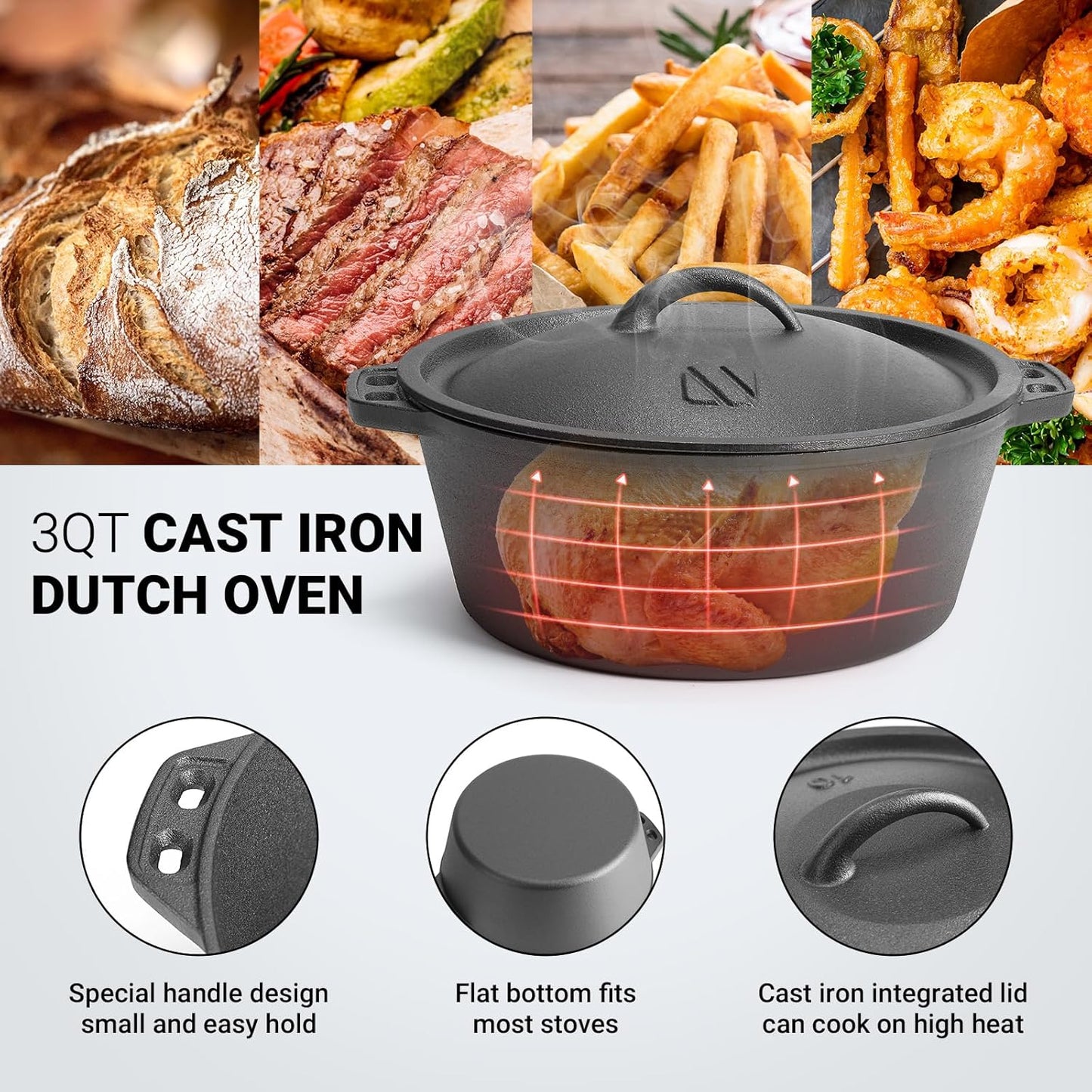 3 QT Cast Iron Dutch Oven with Lid – Pre-Seasoned Round Pot for Baking Bread, Stews & Camping – Small Dutch Oven for Oven, Stove, and Campfire Cooking