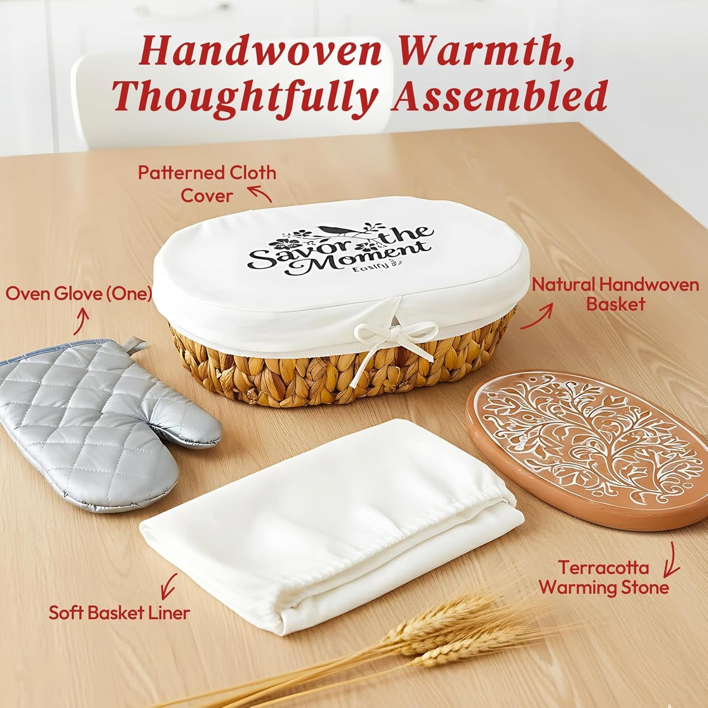 Bread Baskets for Serving with Stone (Large Oval 13.8 x 9.5) - Bread Basket with Warming Stone for Rolls & Tortillas, Gift for Bakers, Sourdough Lovers, Hostess, New Homeowner