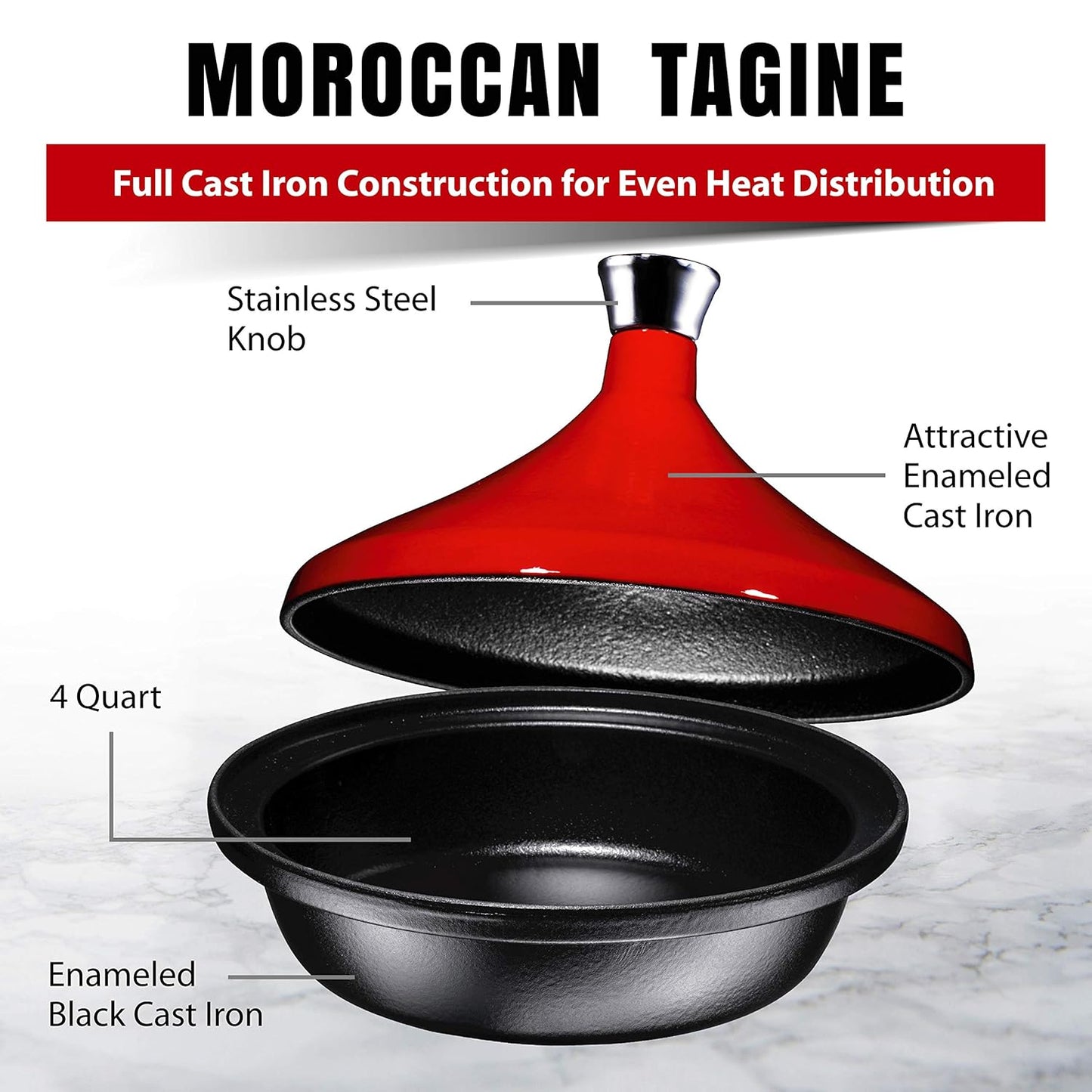 Bruntmor Moroccan Tagine, Cast Iron, Red, 3.5-Quart, Round, With Lid