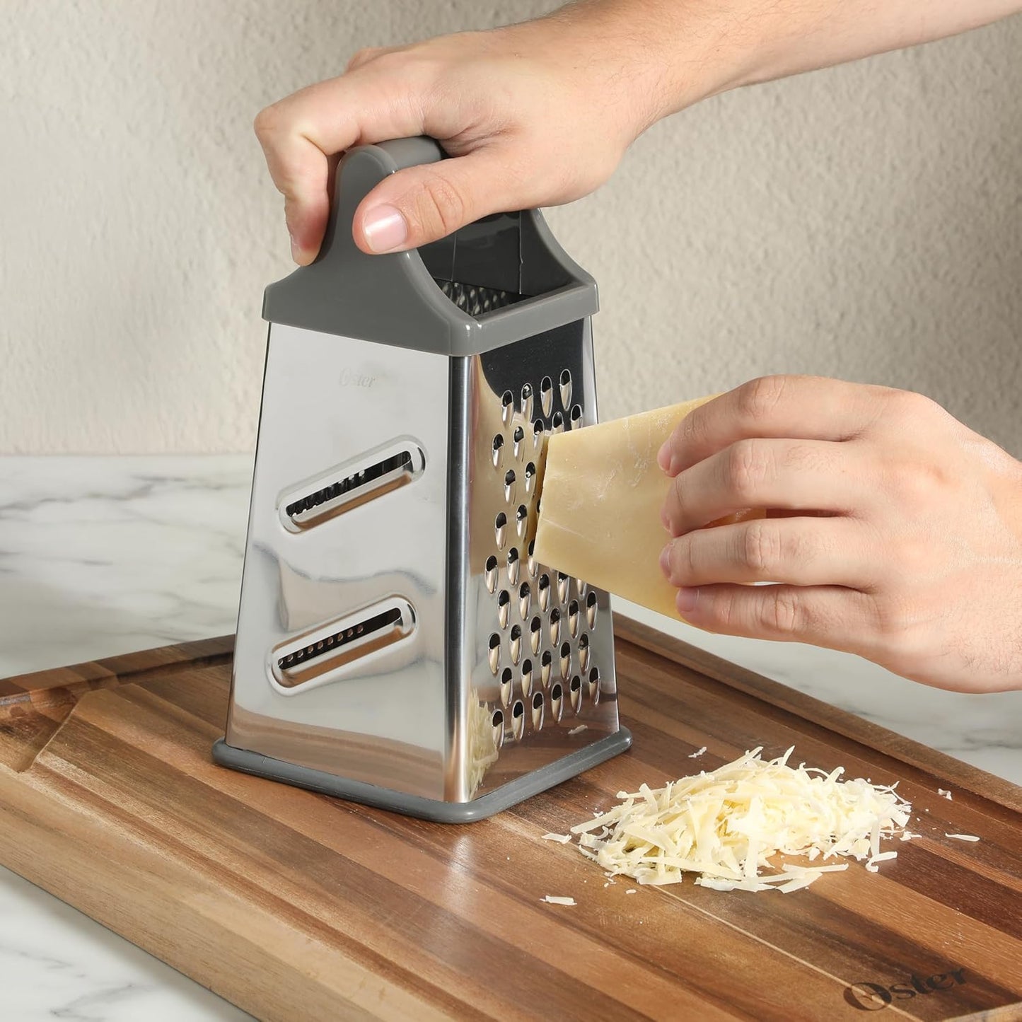 Oster Bluemarine 9-Inch 4-Sided Box Grater – Stainless Steel Cheese and Vegetable Grater, Kitchen Tool for Shredding, Slicing, Grating, Blue/Grey Handle