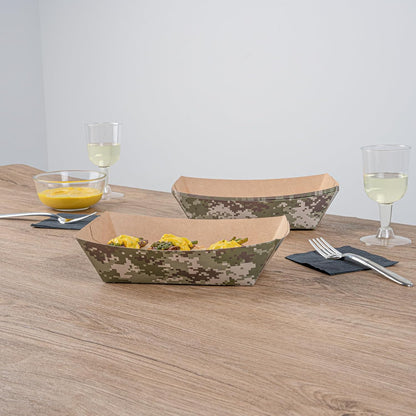 Restaurantware Bio Tek 2 Pound Food Boats 200 Disposable Paper Food Trays - Heavy-Duty Greaseproof Camouflage Paper Boats For Snacks Appetizers Or Treats Use At Parties Or Carnivals
