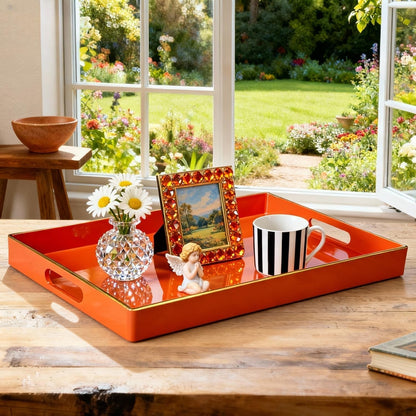 Zosenley Decorative Tray, Rectangular Plastic Tray with Handles, Modern Vanity Tray and Serving Tray for Bathroom, Kitchen, Ottoman and Coffee Table, 15.6” x 10.2” (Orange)