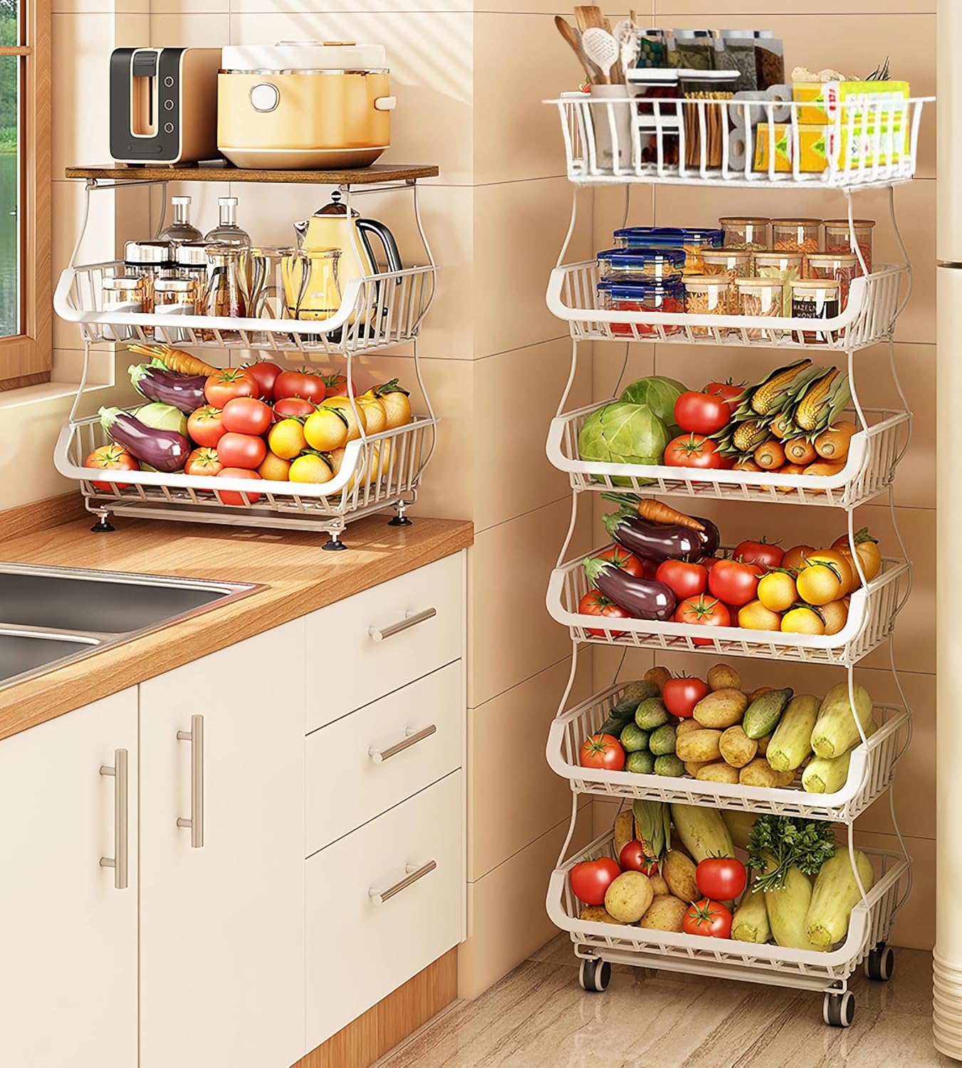 MURRI&MURRDI Fruit Vegetable Storage Basket with Wheels, 6 Tier Stackable Wire Storage Baskets, Tall Standing Produce Kitchen Rack Display, Narrow Rolling Cart for Pantry Onion Potato, White