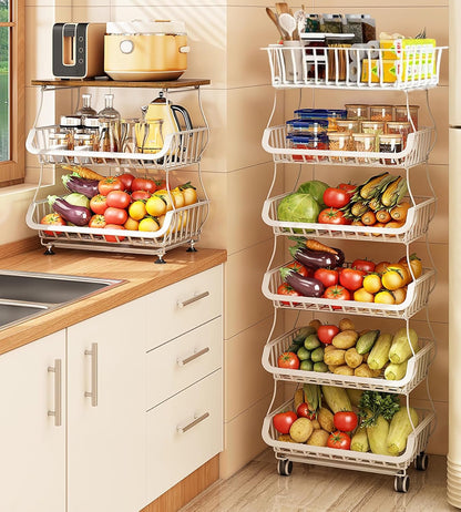 MURRI&MURRDI Fruit Vegetable Storage Basket with Wheels, 6 Tier Stackable Wire Storage Baskets, Tall Standing Produce Kitchen Rack Display, Narrow Rolling Cart for Pantry Onion Potato, White