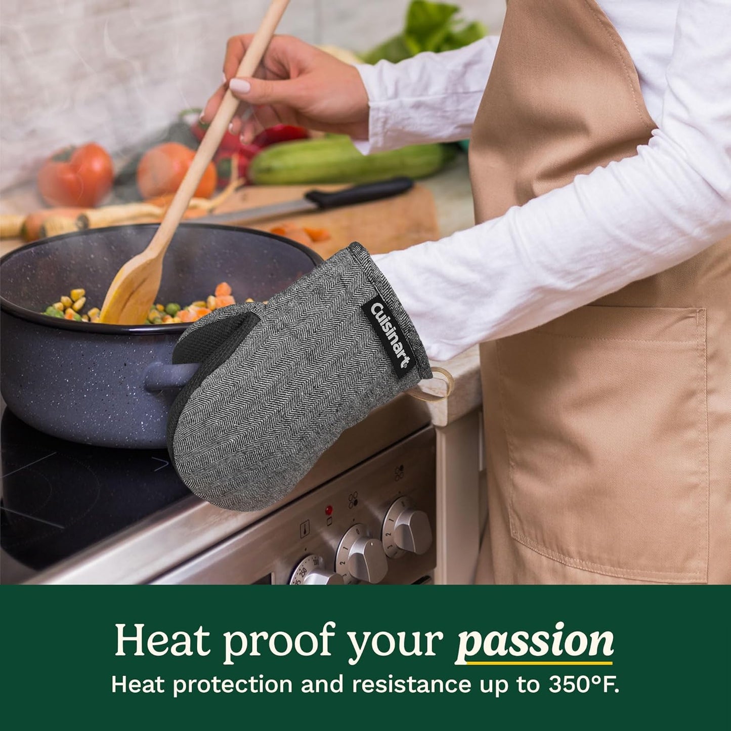 Cuisinart Heritage Mini Oven Mitts – 5.5” x 7” Heat-Resistant Kitchen Mitts for Oven with Non-Slip Neoprene Palm, Cotton Filling, and Faux Leather Loop – Durable Oven Mitt Set for Cooking & Baking