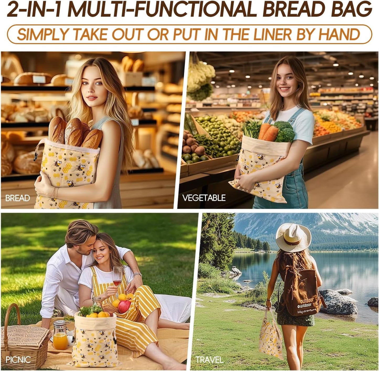 Beeswax Bread Bags for Homemade Bread (2 Pack), Sourdough Bread Bag with Removable Beeswax Lining for Keeping Fresh, Reusable Food Storage Bag