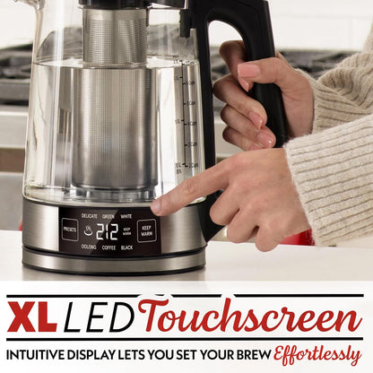 Gourmia Programmable Digital Glass Kettle – 1.7L Adjustable Temperature Electric Kettle with 6 Presets, Keep Warm, Stainless Steel Tea Infuser, 360° Swivel Base, Black