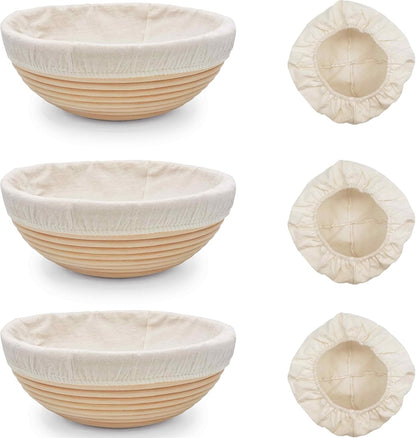 Banneton Bread Proofing Basket set of 3, 9 Inch Round Sourdough Proofing Baskets with Liner,Dough Proofing Bowls,Made of Natural rattan,for Sourdough Bread Baking Supplies