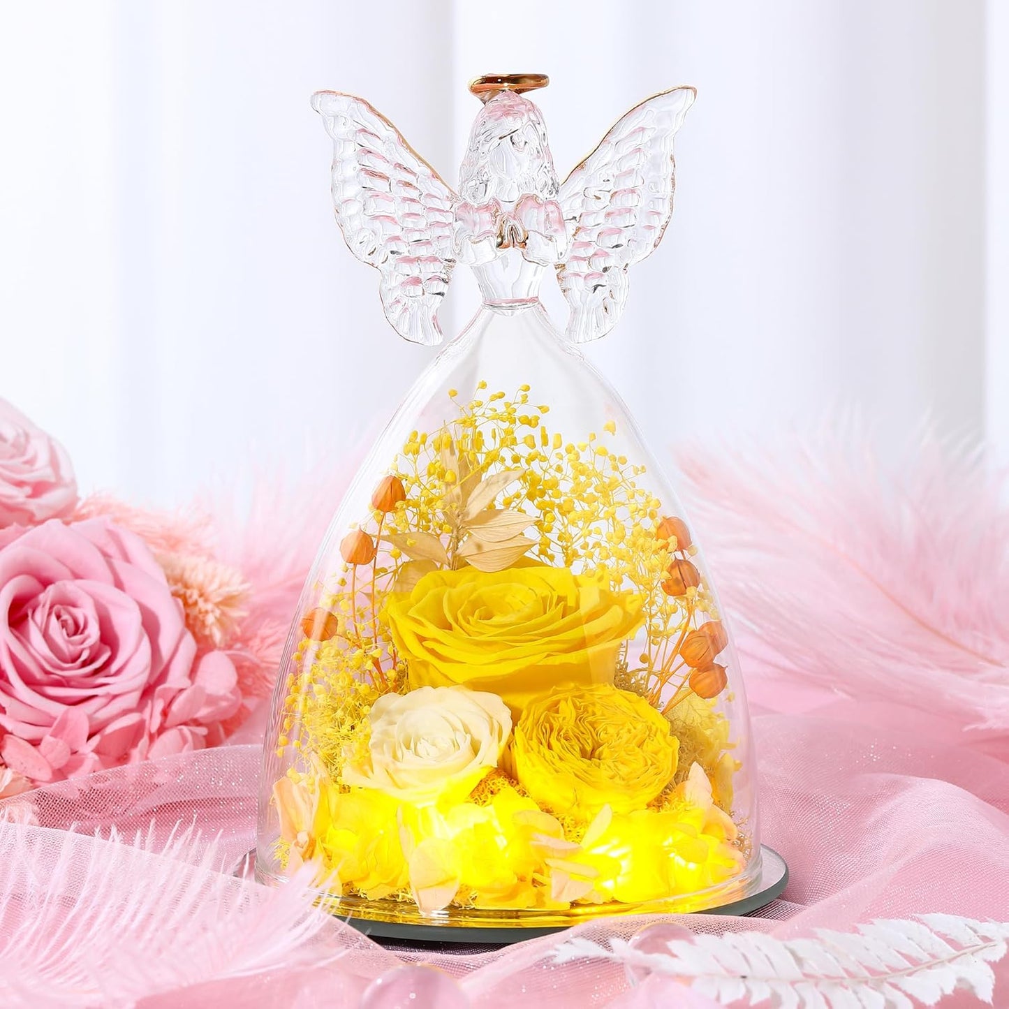 Christmas Rose Gifts for Women Preserved Real Flower in Glass Angel Figurines Roses for Delivery Prime Birthday Gifts for Mom Grandma Girlfriend Wife Her,Yellow Austin Roses