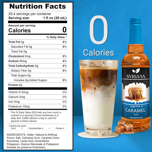 Syruvia Sugar Free Coffee Syrup, Caramel Flavored Syrup for Drinks, Lattes, and Desserts – 25.4 fl oz