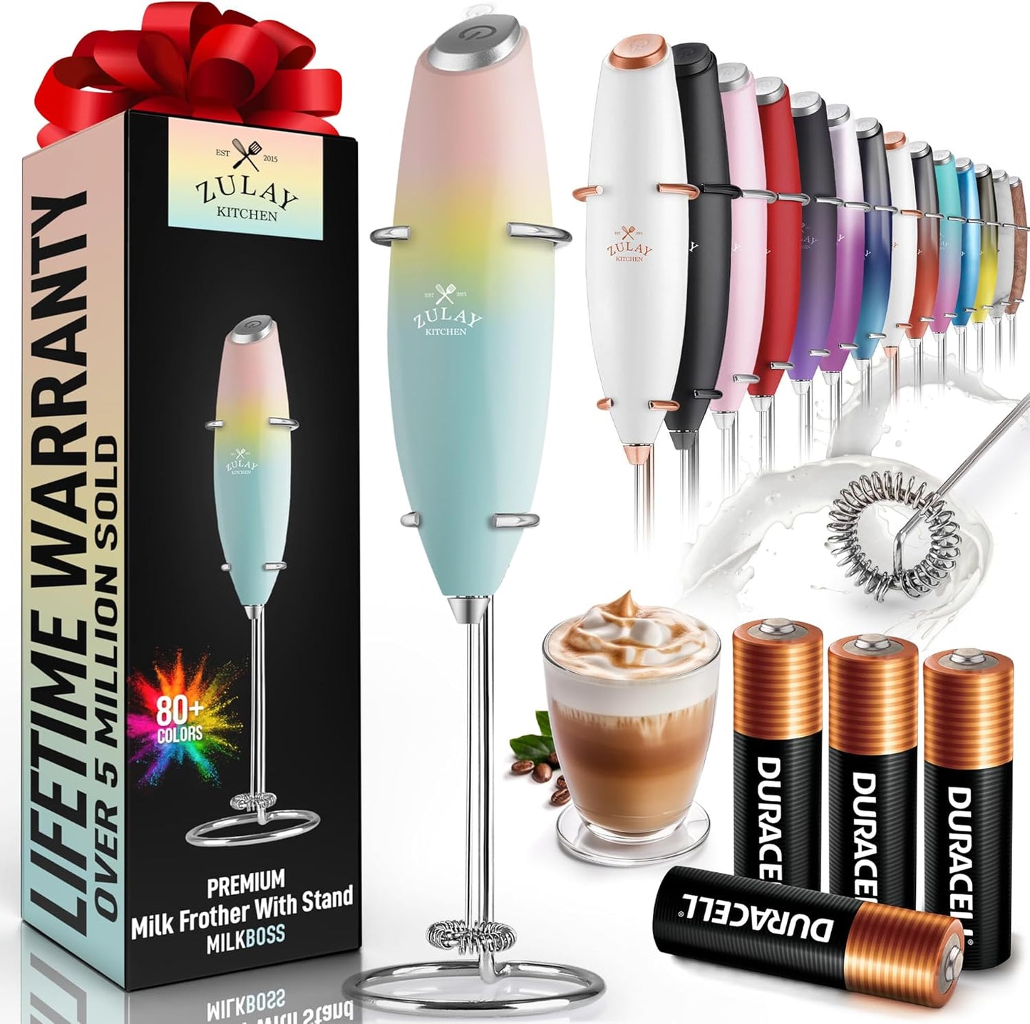 Zulay Kitchen Powerful Milk Frother Wand With 4 AA Duracell Batteries - Ultra Fast Handheld Drink Mixer - Electric Whisk Foam Maker for Coffee, Lattes, Cappuccino, Matcha & Creamer