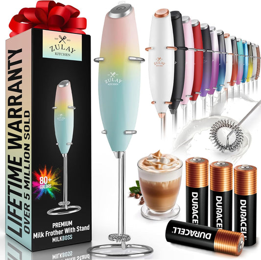 Zulay Kitchen Powerful Milk Frother Wand With 4 AA Duracell Batteries - Ultra Fast Handheld Drink Mixer - Electric Whisk Foam Maker for Coffee, Lattes, Cappuccino, Matcha & Creamer