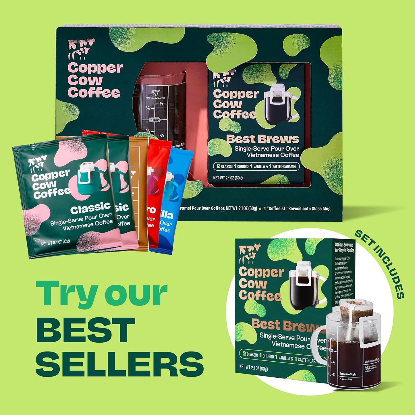 Copper Cow Coffee with Glass Mug & 5 Premium Vietnamese Pour Over Ground Coffees (Classic, Vanilla, Churro, Salted Caramel)