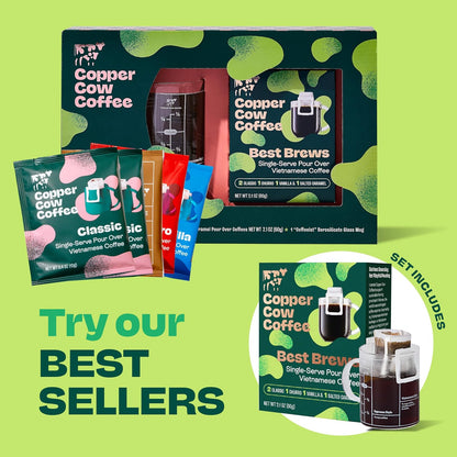 Copper Cow Coffee with Glass Mug & 5 Premium Vietnamese Pour Over Ground Coffees (Classic, Vanilla, Churro, Salted Caramel)