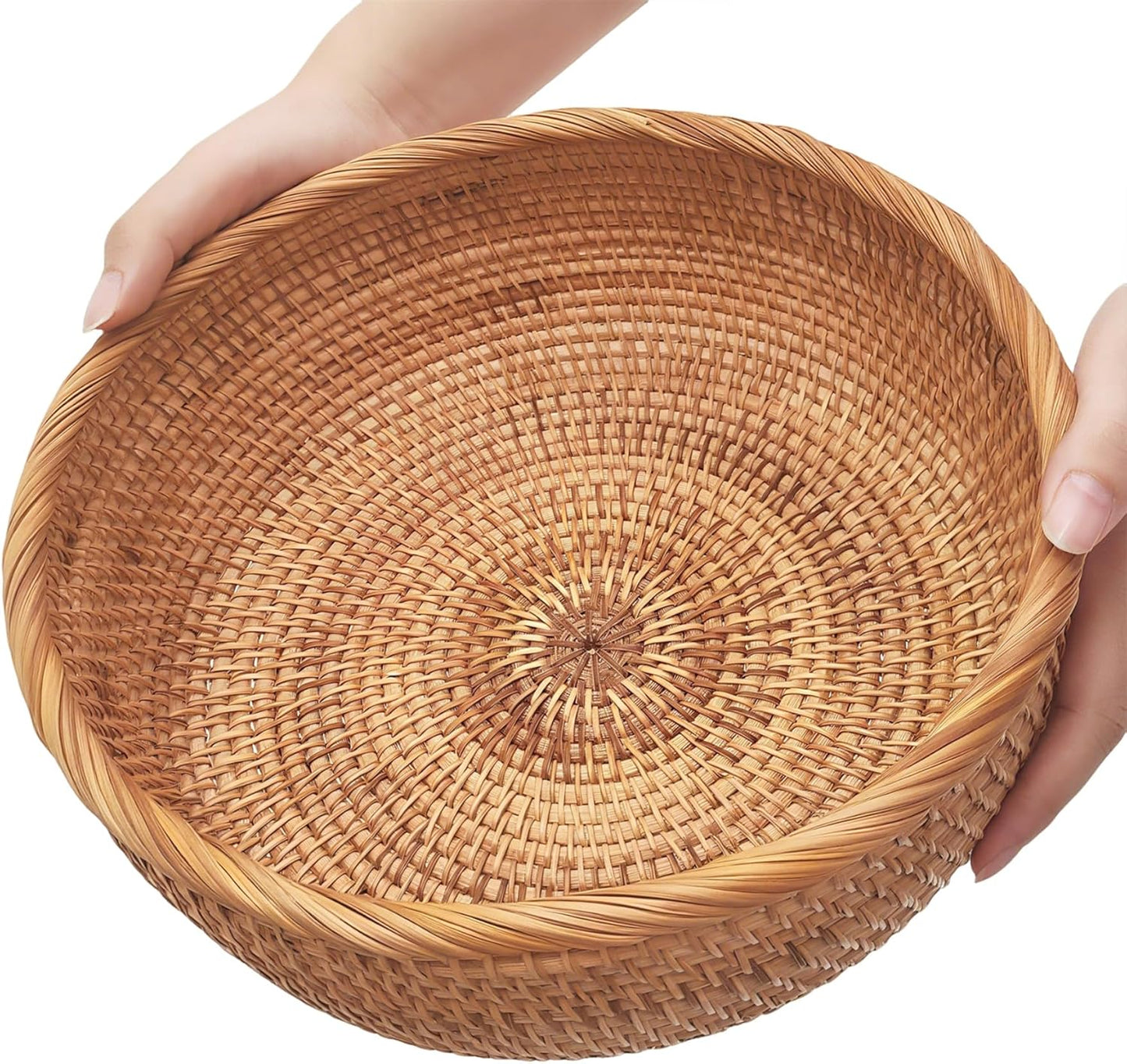 Rattan Bread Basket for Fruit, Natural Wicker Fruit Basket for Kitchen Counter, Hand Woven Food Baskets, Bread Baskets for Serving, Large Wicker Basket for Vegetable, Snack, Candies,Etc. (Round-Large)