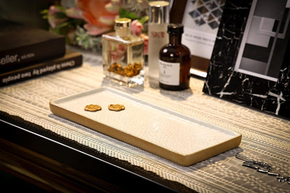 Vanity Tray with Brown Trim - Rectangular White Candle & Perfume Holder Organizer - 12"4.7" for Dresser, Table, Bathroom Countertop