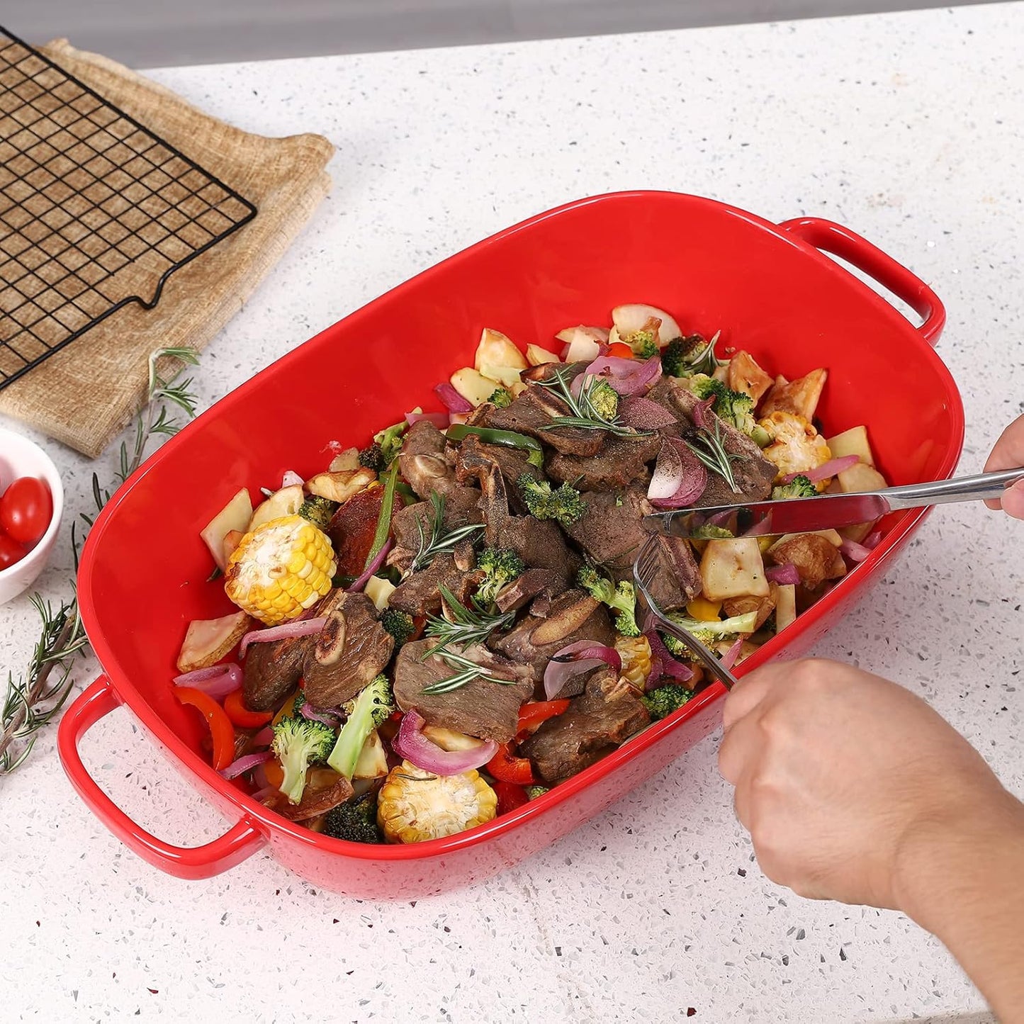 6 Quart Large Rectangular Baking Dish, 16x11 Inches Ceramic Baking Pan Casserole Dish for Cooking,Kitchen and Daily Use, Safe for Oven Microwave Refrigerator Disinfection Cabinet and Dishwasher,Red