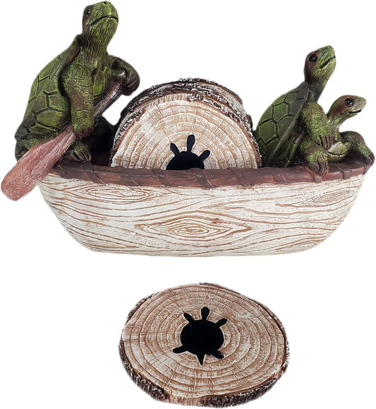 Turtle Coasters Set of 5 Rustic Coasters in Handmade Canoe Turtle Log Cabin Decor for The Home Drink Round Table Coffee Mug Wine Beer Bar Decorative Green