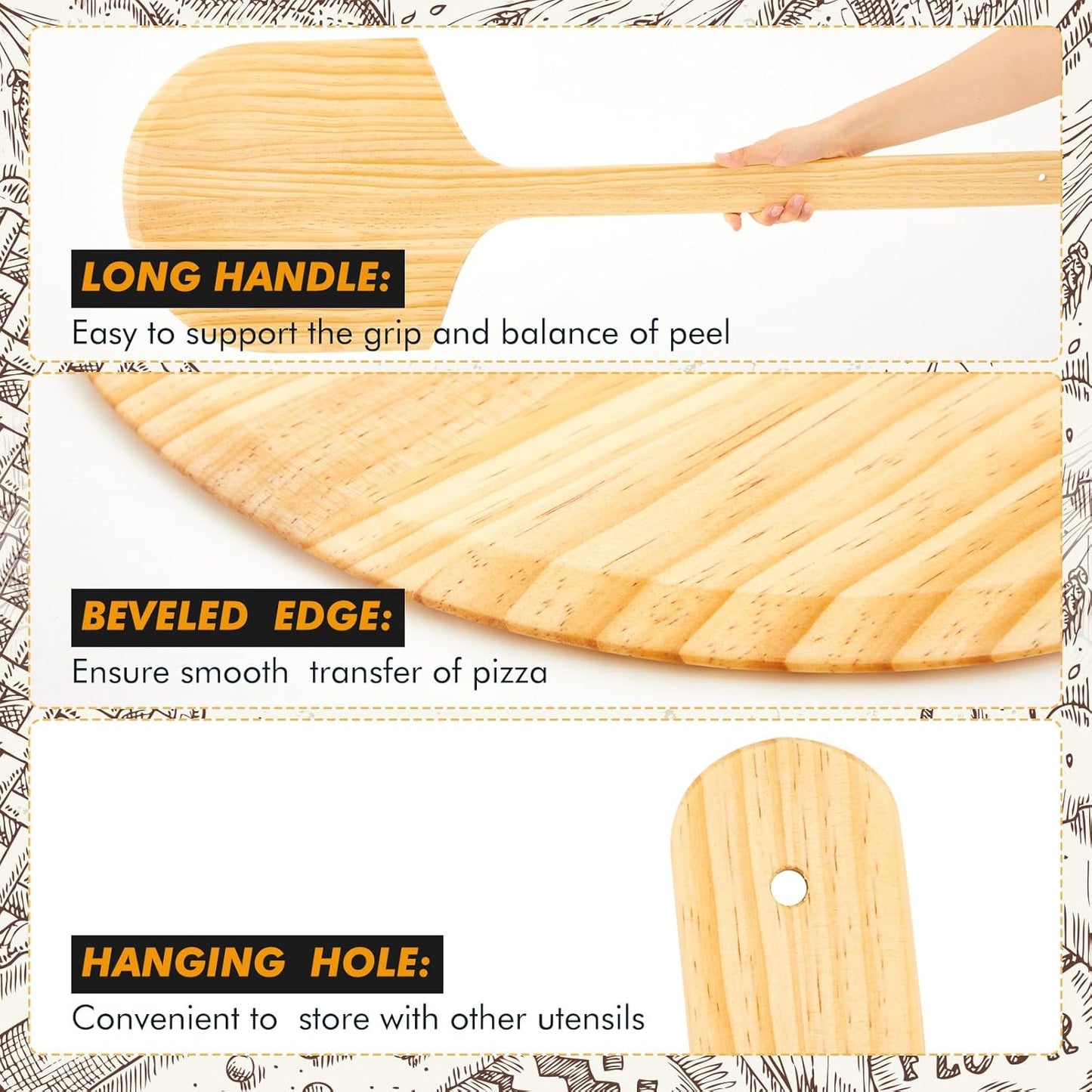 2 Pack Wooden Pizza Peel, 14" L x 12" W Plate, with 22" L Wooden Handle, 36" Overall Length for Oven, Stone, Pan or Grill, Spatula for Baking Bread and Cake - Indoor & Outdoor