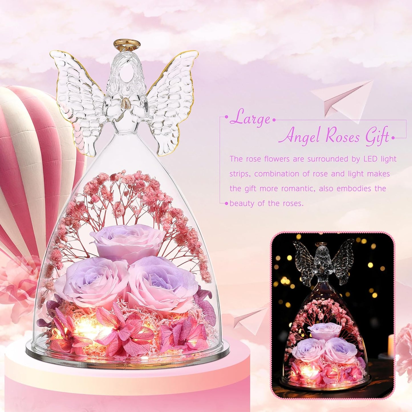 Mothers Day Mom Gifts for Women Preserved Flowers in Glass Angel Forever Flowers Gifts Eternal Roses Gifts for Grandma, PinkpurplePink