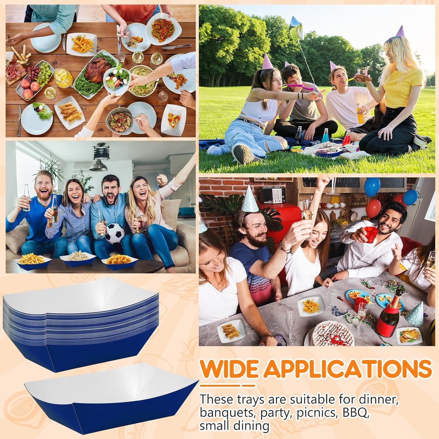 100 Pcs Blue Paper Food Tray Sturdy Disposable Food Boats Nacho Plates Disposable Serving Snack Trays for Catering, Party Birthday Supplies, and Food Service (Blue)