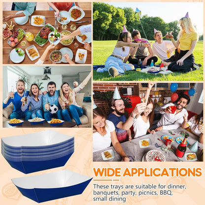 100 Pcs Blue Paper Food Tray Sturdy Disposable Food Boats Nacho Plates Disposable Serving Snack Trays for Catering, Party Birthday Supplies, and Food Service (Blue)