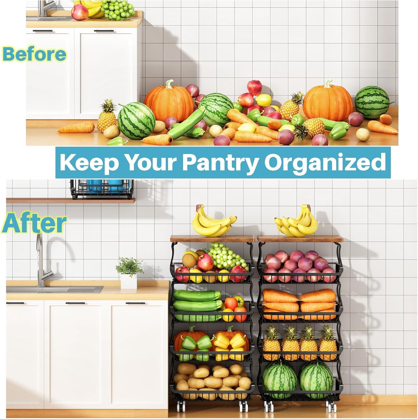 5 Tier Vegetable Fruit Basket for Kitchen, Stackable Metal Fruit and Vegetable Storage Baskets with Rolling Wheels Cart, Pantry organizers and storage for Kitchen Bathroom Livingroom Laundry room Cart