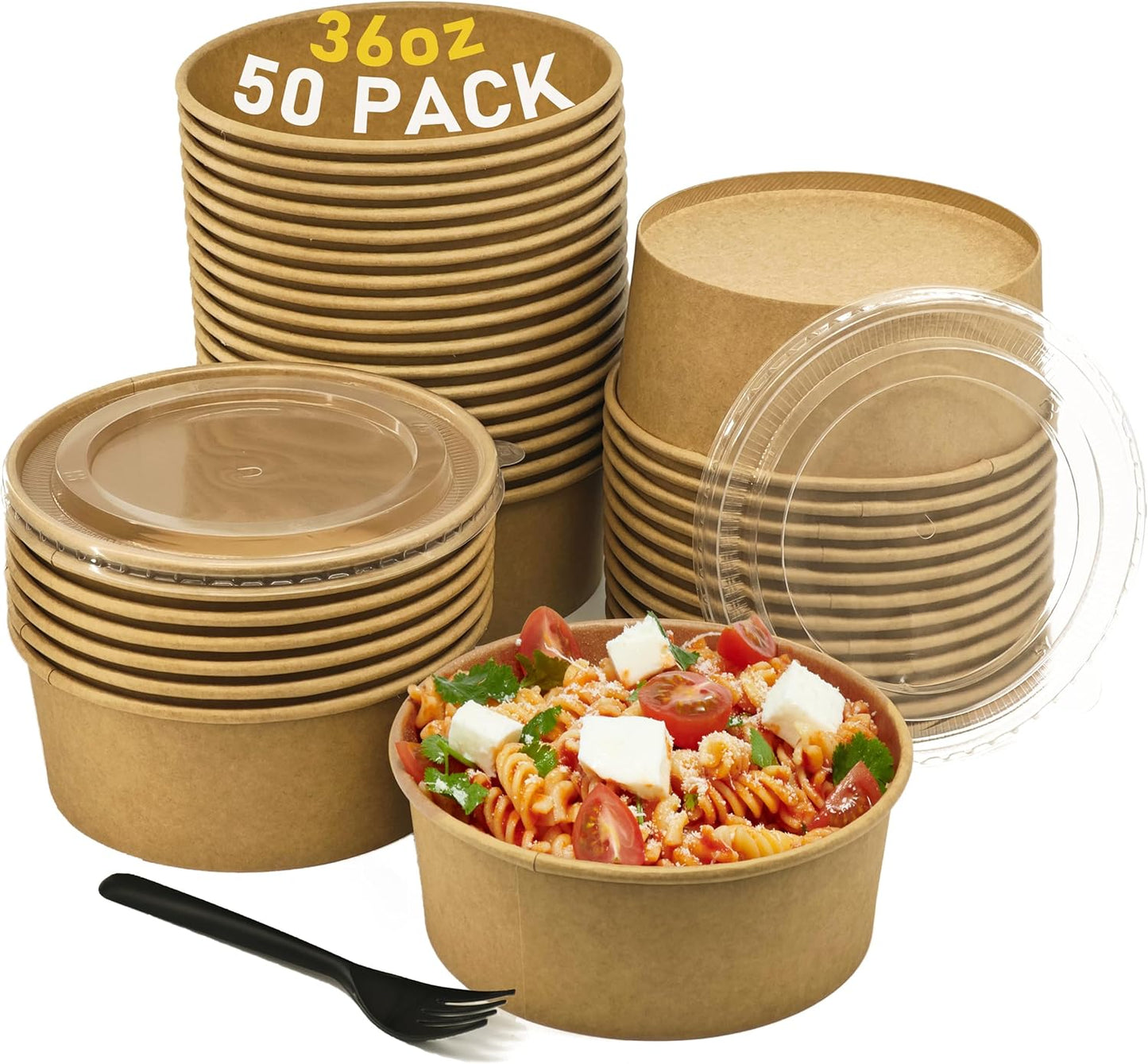50Pack Disposable Kraft Paper Bowls with Lids & Forks 36oz (1100ml) Round Food Containers Heavy Duty Serving Bowls for Hot/Cold Food Soups Salads Take Out Containers for Household & Restaurant & Party