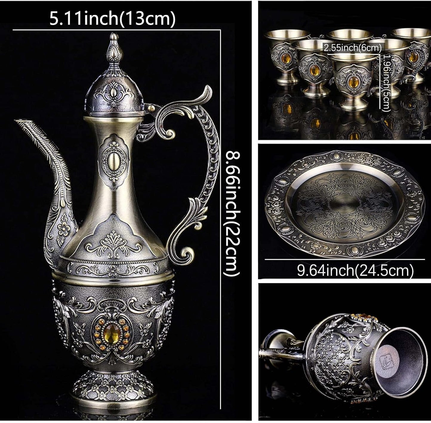 Vintage Turkish Coffee Pot and Cups Set,Tea Service Set Including Teapot,Tea Tray and Metal Cups for Wine Cabinet Decor,Wedding Ornaments (Bronze with Yellow Crystal)