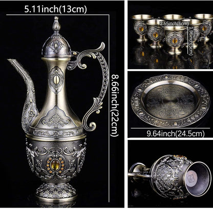 Vintage Turkish Coffee Pot and Cups Set,Tea Service Set Including Teapot,Tea Tray and Metal Cups for Wine Cabinet Decor,Wedding Ornaments (Bronze with Yellow Crystal)